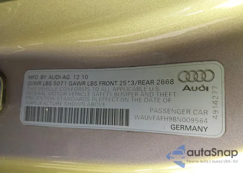 2011 Audi A5 2.0T Premium from USA, damaged, VIN WAUVFAFH9BN009564